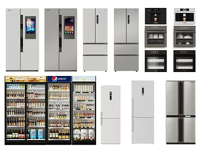 Various Types of Refrigerators and Freezers Including Double Door Upright and Commercial Display Models 3d model