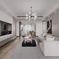 Modern Living Dining Room Interior With White Sofa Coffee Table Dining Chairs And Chandelier