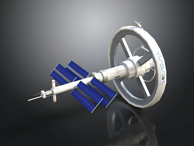Space Station Model With Circular Module Blue Solar Panels And VASIMR Engine 3d model
