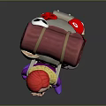 Red Haired Cartoon Character In Purple Outfit Carrying Rolled Blanket And Creature Mask