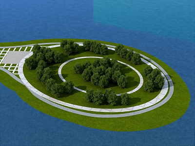Scenic Garden Landscape on Island Surrounded by Water with Circular Paths and Trees 3d model