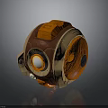 Orange And Brown Mechanical Sphere With Glowing Circular Component And Textured Surface 3d model