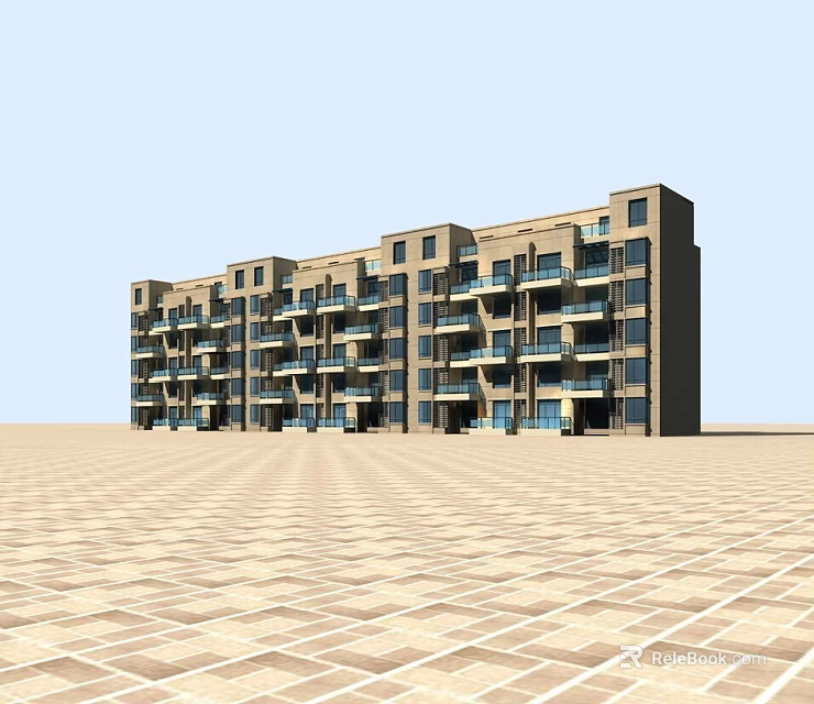 Modern Multi Storey Residential Building With Balconies And Brown Beige Exterior On Paved Ground 3d model 
