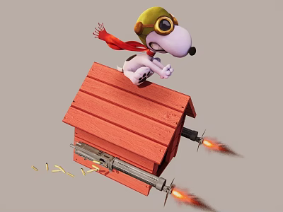 Reptile Pilot Wearing Aviator Hat On Red Rocket Doghouse With Flames And Debris 3d model