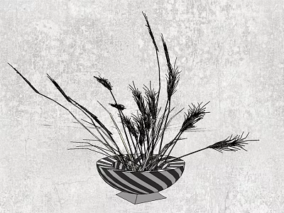 Striped Vase With Grass Flower Arrangement On Geometric Base In Grayscale 3d model
