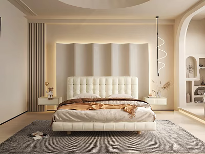 Modern Bedroom Interior With White Padded Bed Striped Headboard Wall Nightstands And Soft Rug 3d model