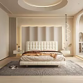 Modern Bedroom Interior With White Padded Bed Striped Headboard Wall Nightstands And Soft Rug