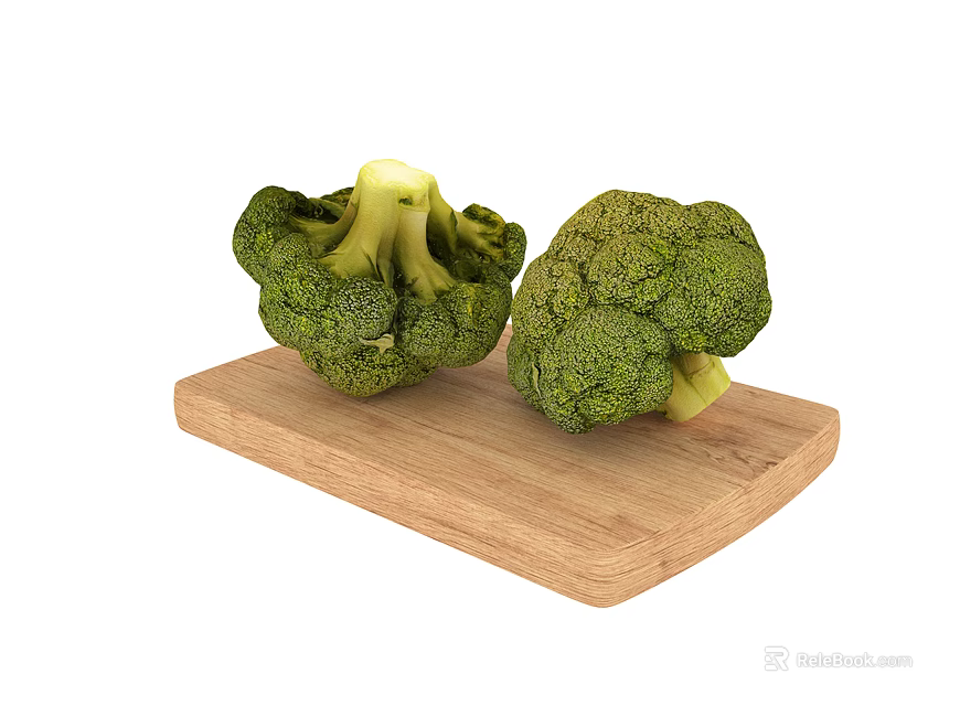 Fresh Green Broccoli Heads on Wooden Cutting Board for Healthy Meal 3d model 