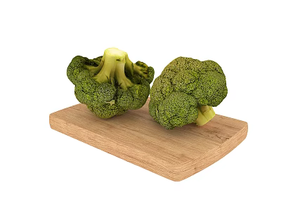 Fresh Green Broccoli Heads on Wooden Cutting Board for Healthy Meal 3d model