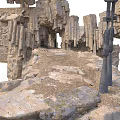 Stone Scene Components With Rocks Pillars Gravel Ground And Black Column Structure