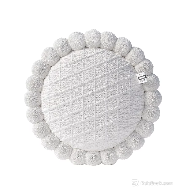 White Round Decorative Pillow With Pom Pom Trim And Diamond Knit Texture 3d model 