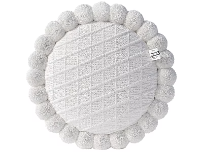 White Round Decorative Pillow With Pom Pom Trim And Diamond Knit Texture 3d model