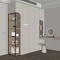 Modern Wardrobe Interior With Glass Shelves Vanity Table And Round Mirror