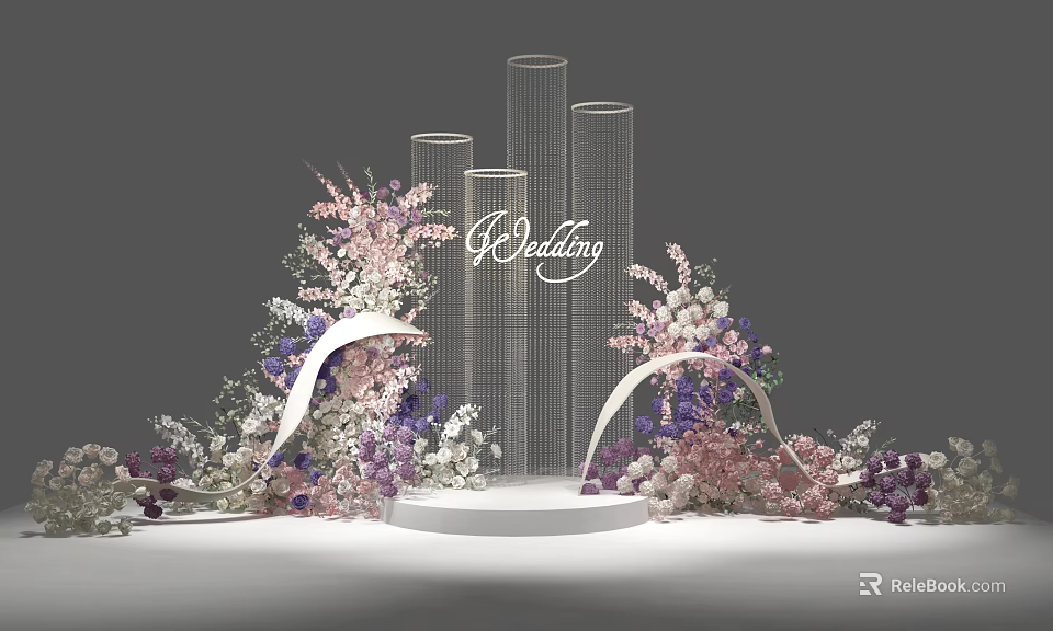 Wedding Decor Setup With Transparent Cylinders White Arch Pink Purple Floral Arrangements 3d model 