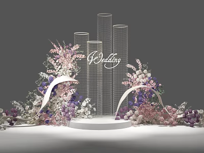 Wedding Decor Setup With Transparent Cylinders White Arch Pink Purple Floral Arrangements 3d model