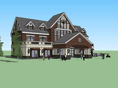 Two Story House Exterior With Brick Walls Large Windows Gabled Roof And Lawn Area 3d model