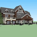 Two Story House Exterior With Brick Walls Large Windows Gabled Roof And Lawn Area