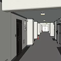 Office Corridor Interior with Safety Door Fire Extinguisher Notice Board and Lighting