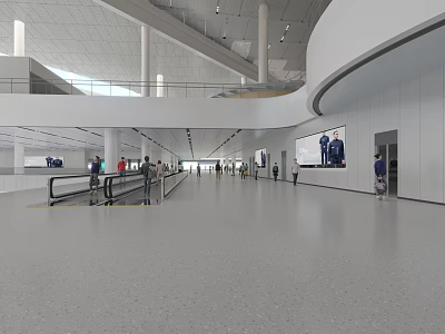 Spacious Airport Terminal Interior With Modern Design Escalators Passengers And Large Screen 3d model
