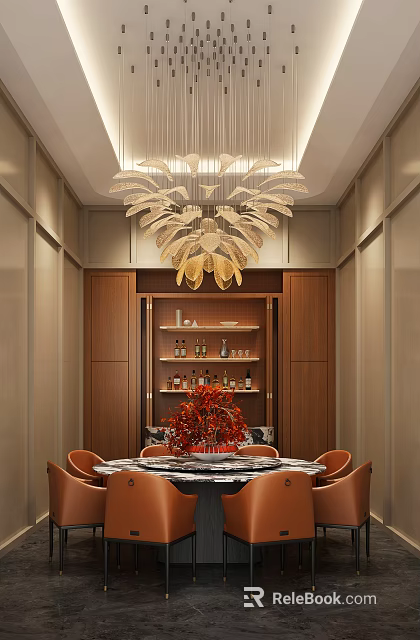 Private Room Interior With Elegant Chandelier Wooden Cabinets Wine Shelves Dining Table And Orange Chairs 3d model 
