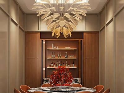 Private Room Interior With Elegant Chandelier Wooden Cabinets Wine Shelves Dining Table And Orange Chairs 3d model