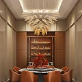 Private Room Interior With Elegant Chandelier Wooden Cabinets Wine Shelves Dining Table And Orange Chairs