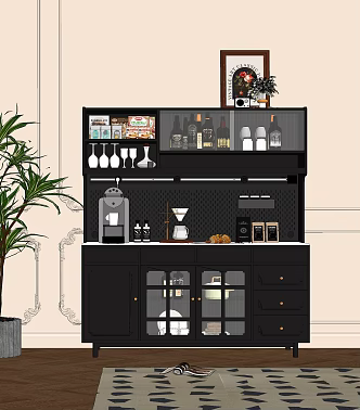 Antique Sideboard Wine Cabinet Wine Bottle Coffee Machine Accessories Ornaments Decorative Painting Potted Plant 3d model