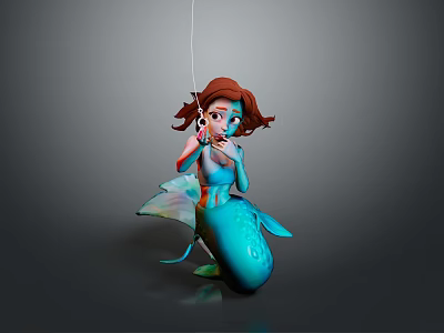 3D Mermaid Model With Red Hair Blue Tail And Holding Object On Gray Background 3d model