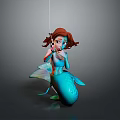 3D Mermaid Model With Red Hair Blue Tail And Holding Object On Gray Background