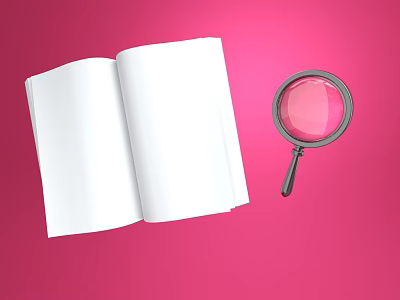 Open White Book With Magnifying Glass On Pink Background For Daily Life 3d model