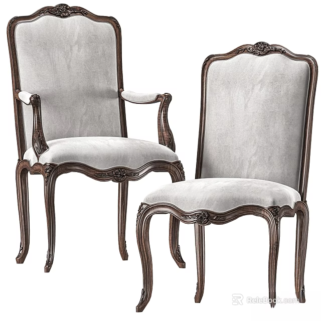 Classical Style Single Chair Design With Carved Wooden Frame And White Upholstery 3d model 