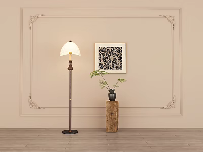 Floor Lamp Against Beige Wall with Decorative Border Framed Artwork Wooden Pedestal and Potted Plant 3d model