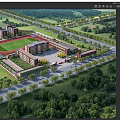 Modern School Buildings with Sports Field Green Lawns and Surrounding Trees