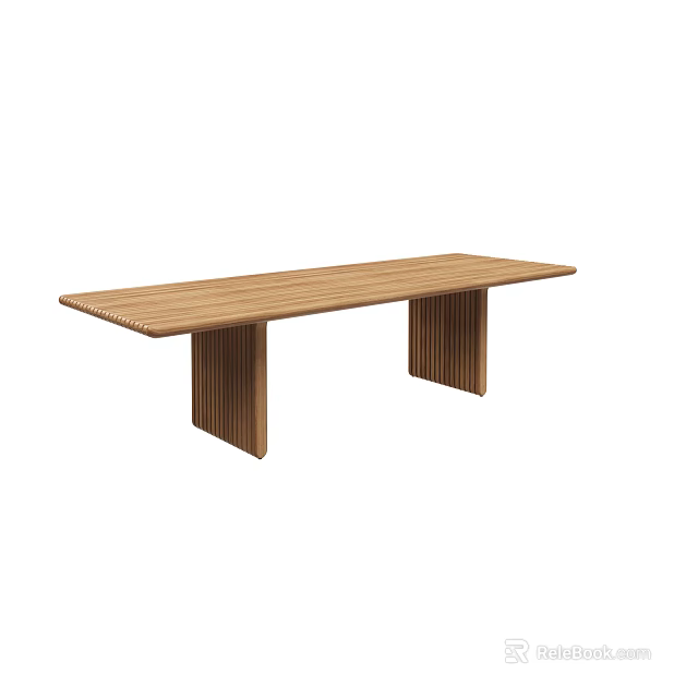 Wooden Dining Table With Long Striped Top And Vertical Grooved Legs Design 3d model 