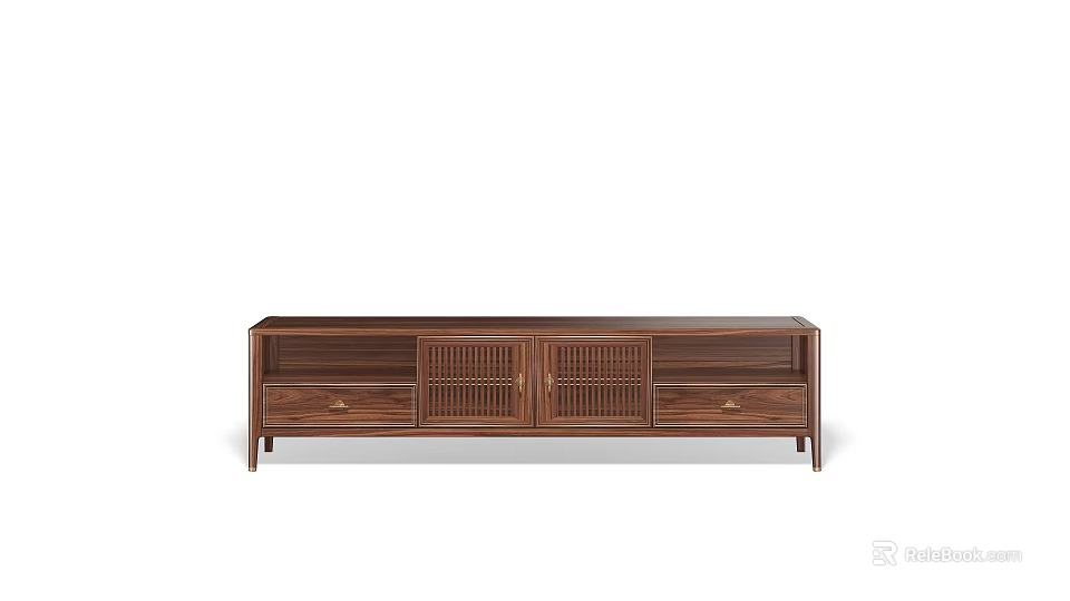 Dark Wood TV Stand Featuring Drawers And Grid Panel Doors Design 3d model