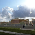 Modern Commercial Street with Contemporary Architecture Storefronts Cars Pedestrians Walking Green Lawn and Open Space