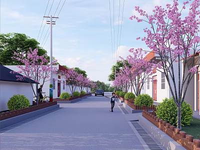 Scenic Rural Road Lined With Pink Cherry Blossom Trees White Houses And Walking Person 3d model