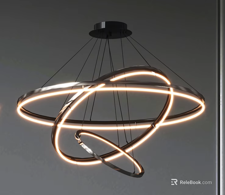 Sleek Modern Illuminated Chandelier With Multiple Circular Rings Hanging From Ceiling 3d model 
