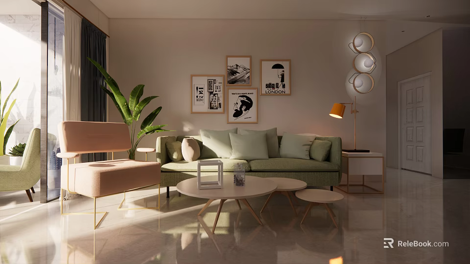 Modern Living Dining Room Interior With Green Sofa Round Coffee Table And Wall Art 3d model 