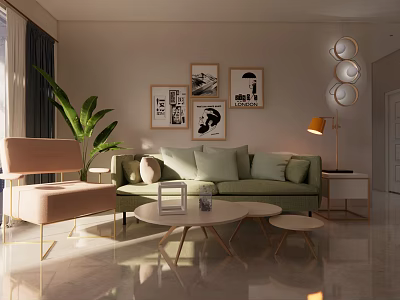 Modern Living Dining Room Interior With Green Sofa Round Coffee Table And Wall Art 3d model