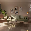 Modern Living Dining Room Interior With Green Sofa Round Coffee Table And Wall Art