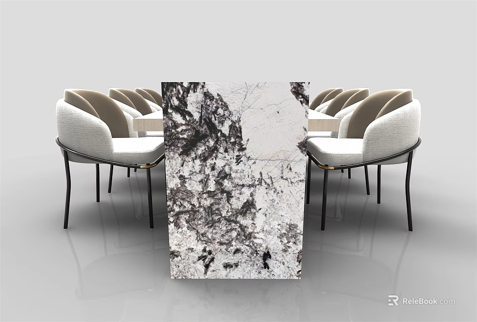 Modern Dining Table Set With Marble Top And Light Colored Chairs With Black Metal Legs 3d model 
