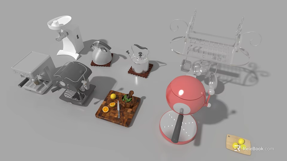 Essential Kitchen Tools Including Coffee Machine Juicer Cutting Board With Lemons And Drying Rack 3d model
