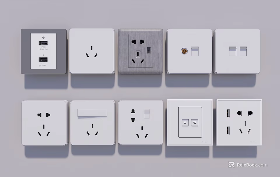Modern White And Gray Switch Panels With Various Types USB Ports And Power Outlets 3d model 