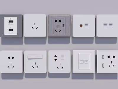 Modern White And Gray Switch Panels With Various Types USB Ports And Power Outlets 3d model