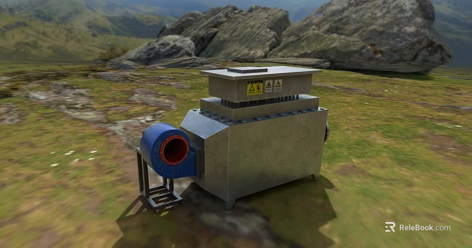 Industrial Equipment Featuring Metal Casing Blue Component and Warning Labels in Outdoor Rocky Grassy Area 3d model 