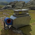 Industrial Equipment Featuring Metal Casing Blue Component and Warning Labels in Outdoor Rocky Grassy Area