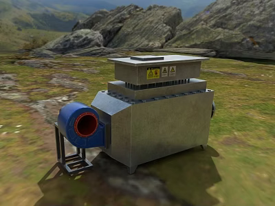 Industrial Equipment Featuring Metal Casing Blue Component and Warning Labels in Outdoor Rocky Grassy Area 3d model