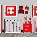 Fire Fighting Equipment Display With Red Cabinets Fire Extinguishers Hydrants Axes And Shovels