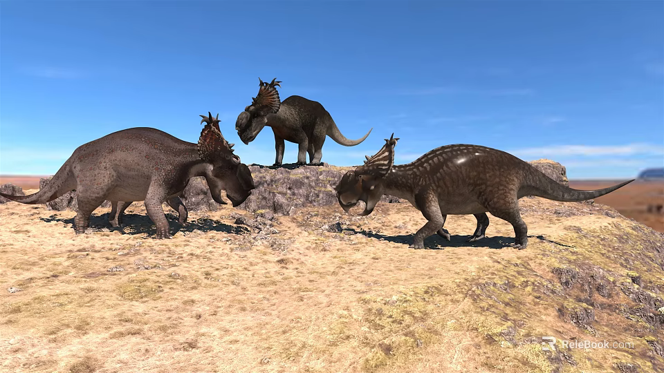Large Ancient Reptiles Dinosaurs Walking On Dry Grassland Under Blue Sky 3d model 